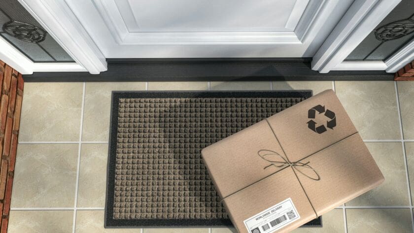 Express delivery, e-commerce online purchase concept. Parcel box on mat near front door.