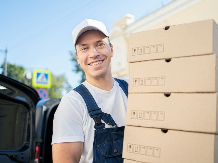 The courier is an employee in the courier company delivering the order in boxes.