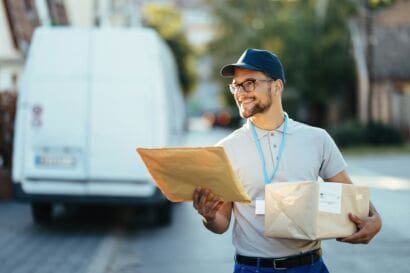 Young happy courier making a delivery in the city.